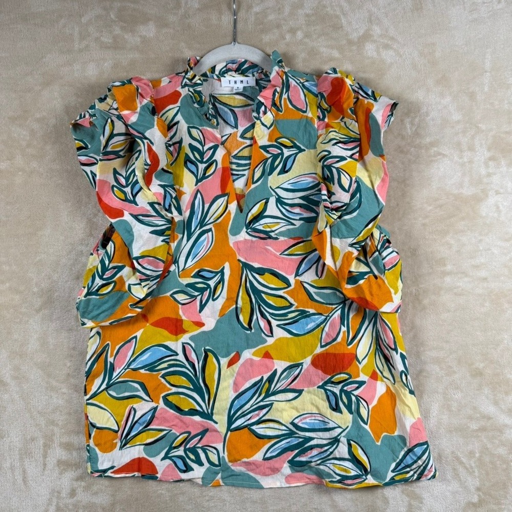 THML Women JH2033-6-CR Abstract Floral Ruffle Sleeve Split Neck Blouse Orange S